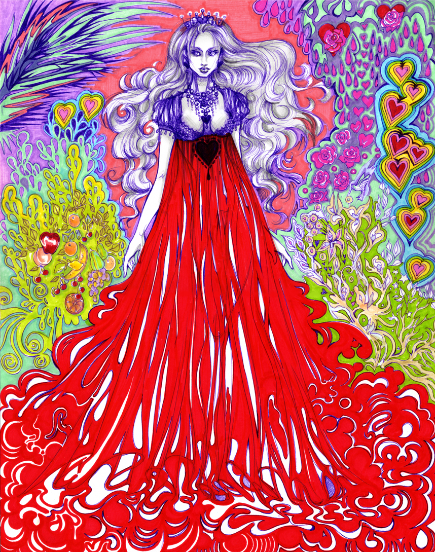 This is an image of the Queen of Hearts from Alice in Wonderland.  Ballpoint pen and marker.